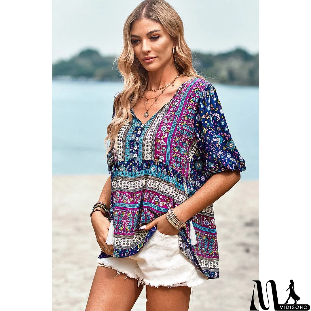 MidiSono - Floral Print Button Deep V Color Block Loose Fit Top