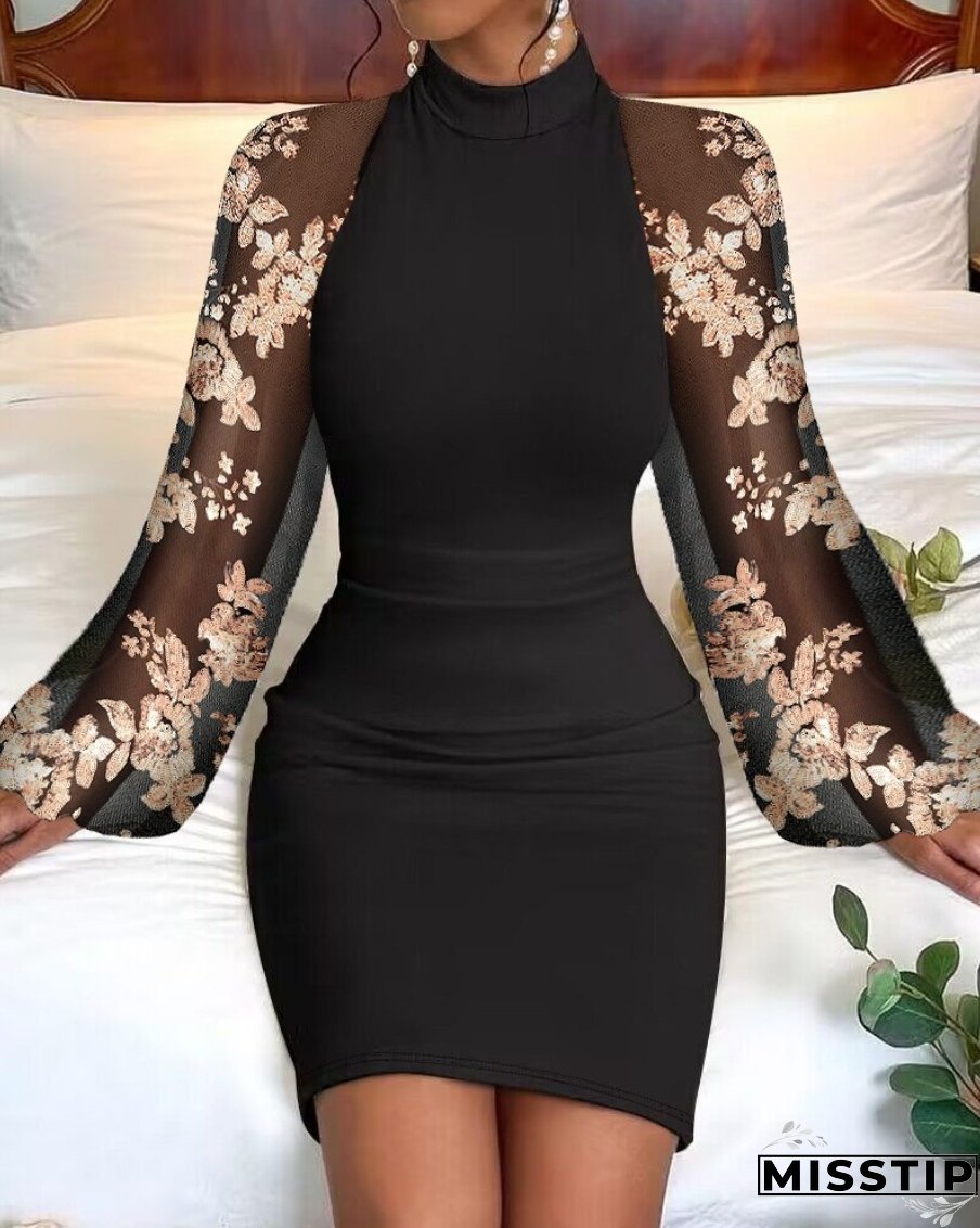 Plus Size Women Fall/Winter Round Neck Lace Long Sleeve Bodycon Dress