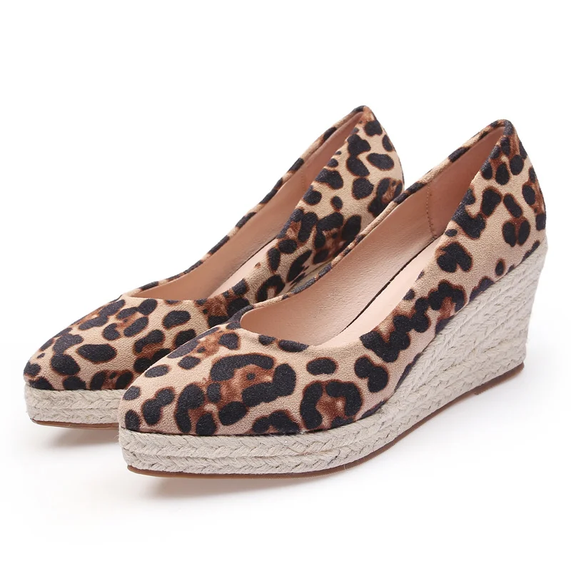 Wongn Wongn Spring And Autumn 2023 Wedge Single Shoes Women's Shallow Tip Thick Grass Woven High Heel Female Leopard Grain Thick Heel