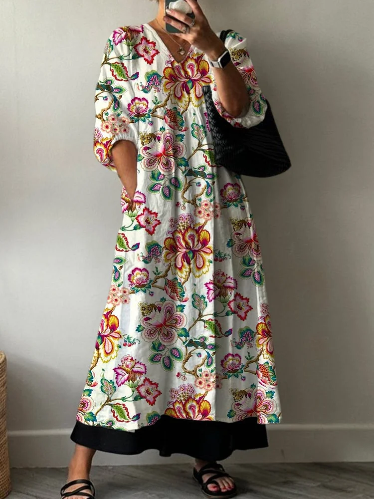 Women's Vintage Colorful Ethnic Flowers Print Pocket V-neck Cotton Dress