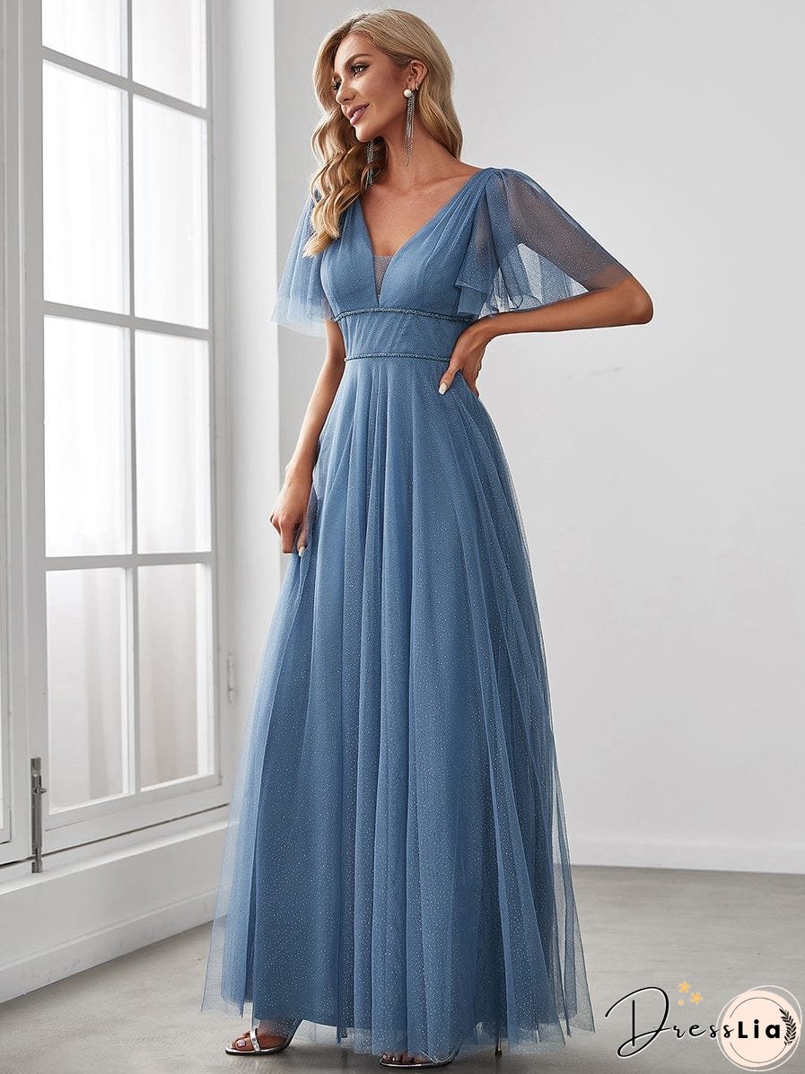 Elegant Golden Stamped Ruffle Sleeve Evening Gown