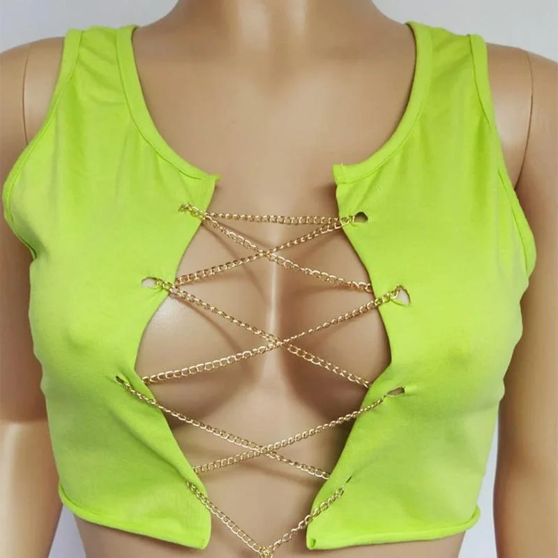 Red Black White Metal Chain Sleeveless Crop Top Sexy Clubwear Women Adjustable Lace Up Hollow Out Tank Tops Tees Camisole 1103-1