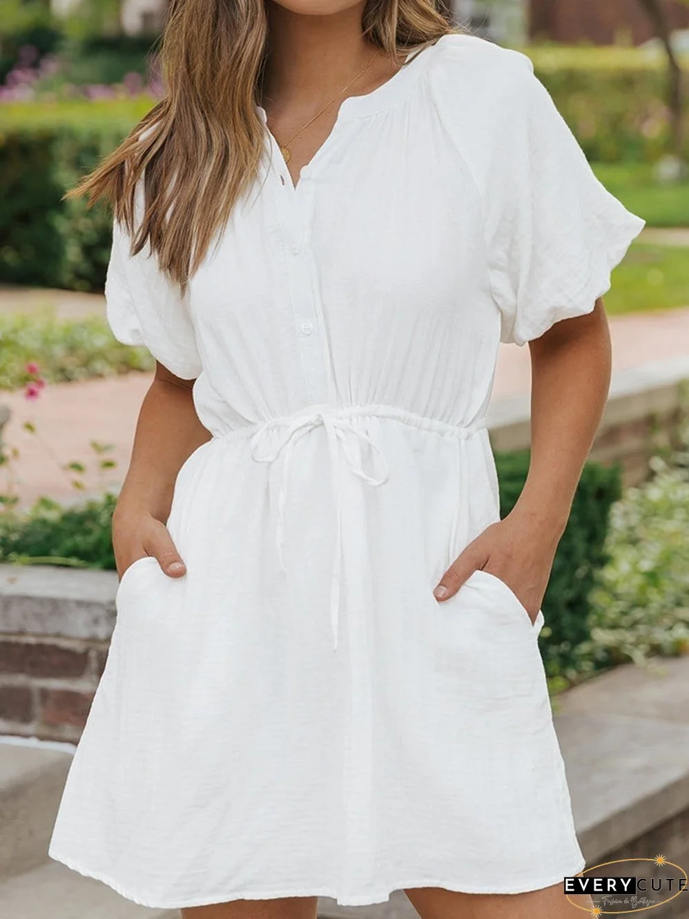 White V-Neck Mini Dress with Drawstring Waist