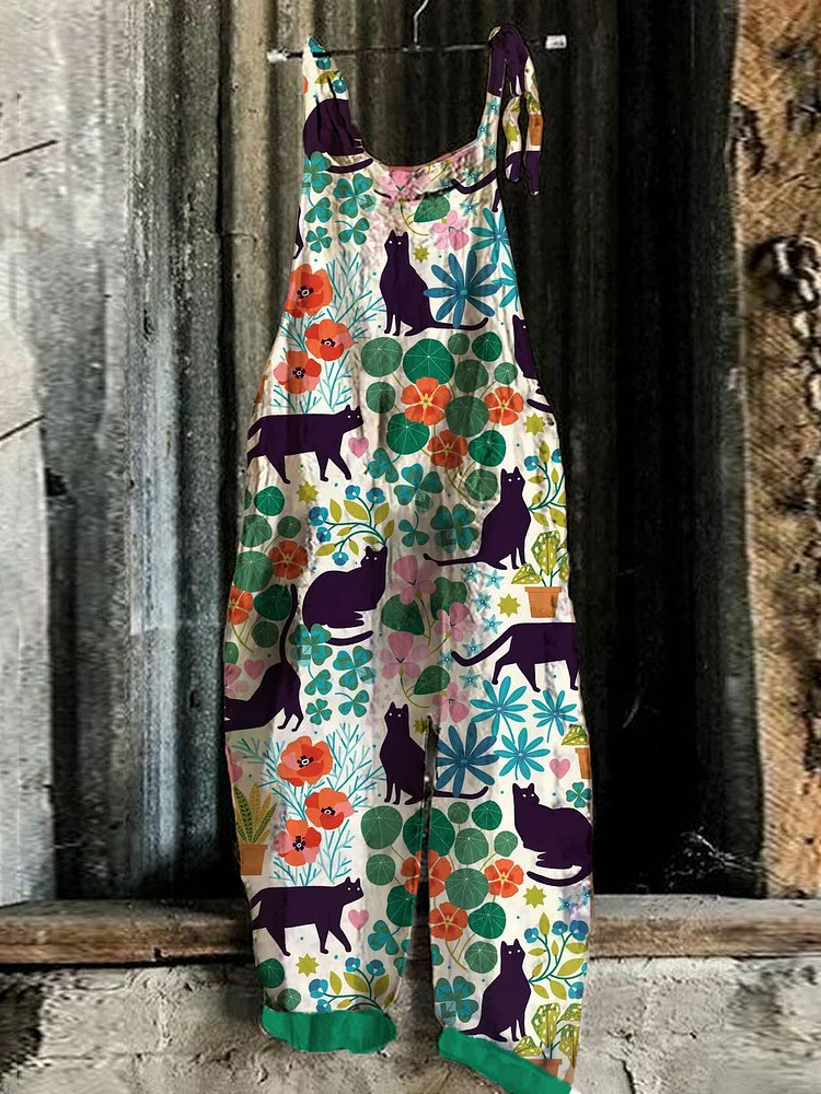 Floral Cat Pattern Casual Jumpsuit