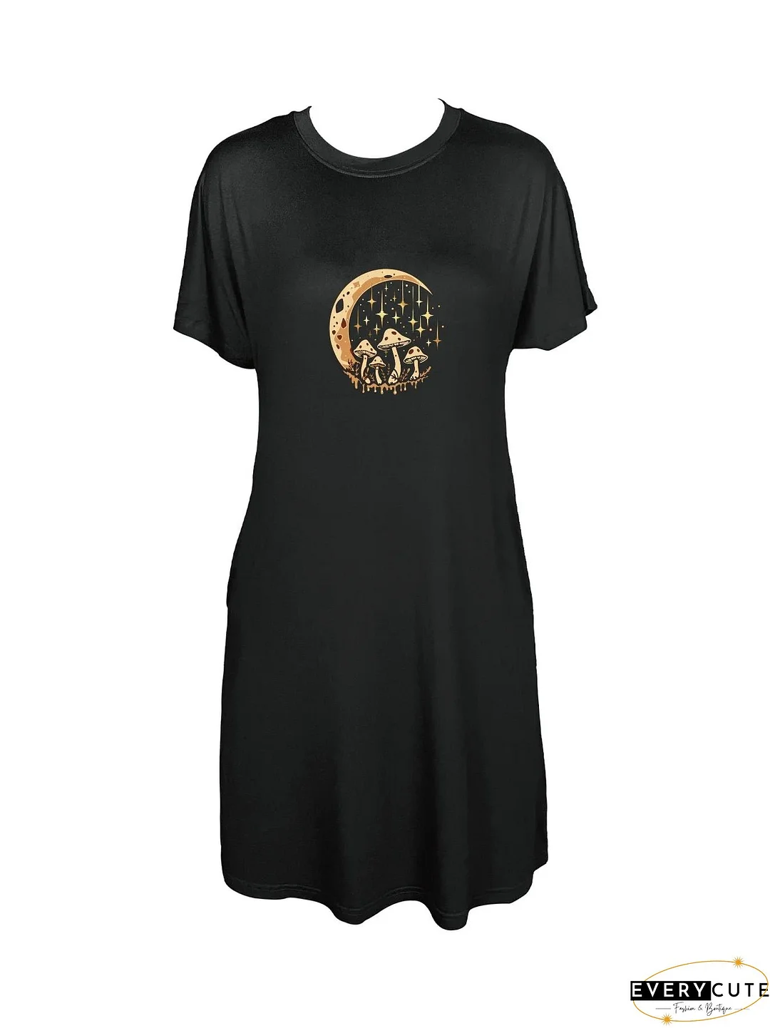 Enchanting Mushroom And Crescent Moon Print Crew Neck Tee Dress Casual Short Sleeve Dress For Spring & Summer Women's Clothing