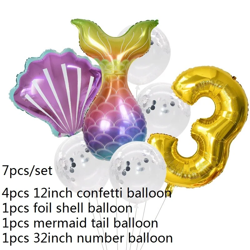 7pcs Mermaid Party Balloons 0 1 2 3 4 5 6 7 8 9 Number Foil Balloon Kids Birthday Party Decorations Baby Shower Helium Globos