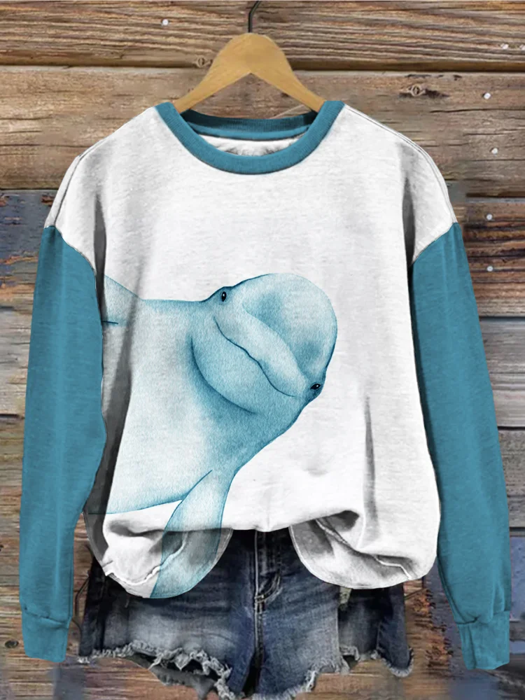 Beluga Whale Watercolor Art Contrast Sleeve Cozy Sweatshirt