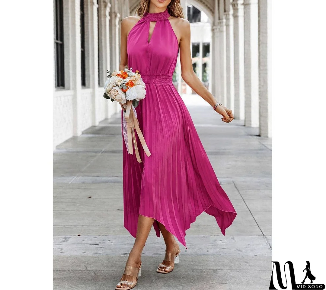 MidiSono - Ruched Halterneck Self Belt Sleeveless Solid Dress