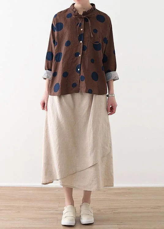 Spring Coffee Dot Contrast Linen Blouse