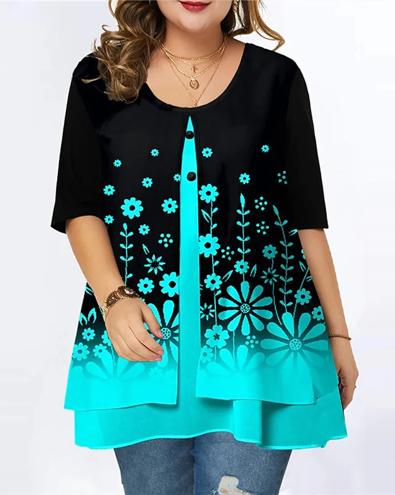 Women's Plus Size Chiffon Shirt Fake Two Piece Print Top