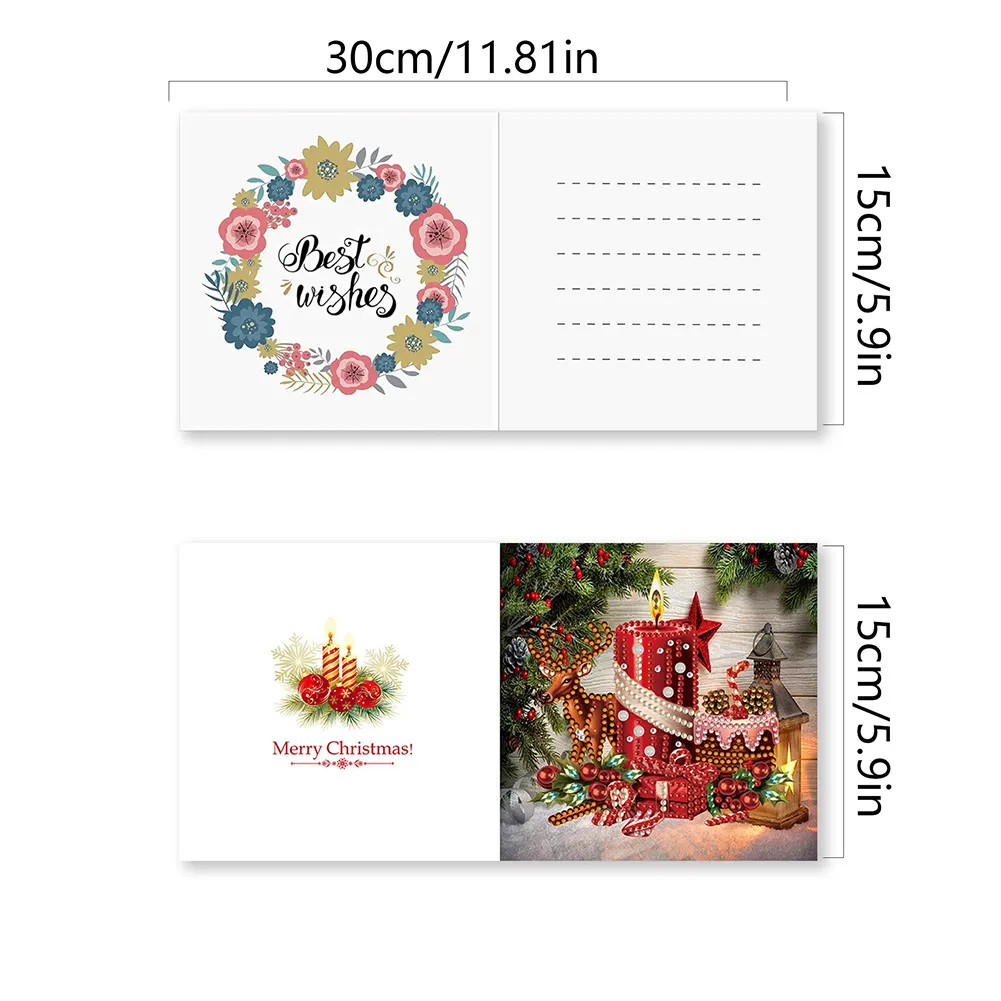 6pcs DIY Christmas Reindeer Candle DIY Diamond Painting Card for Friends Family Gift【With White Envelope】