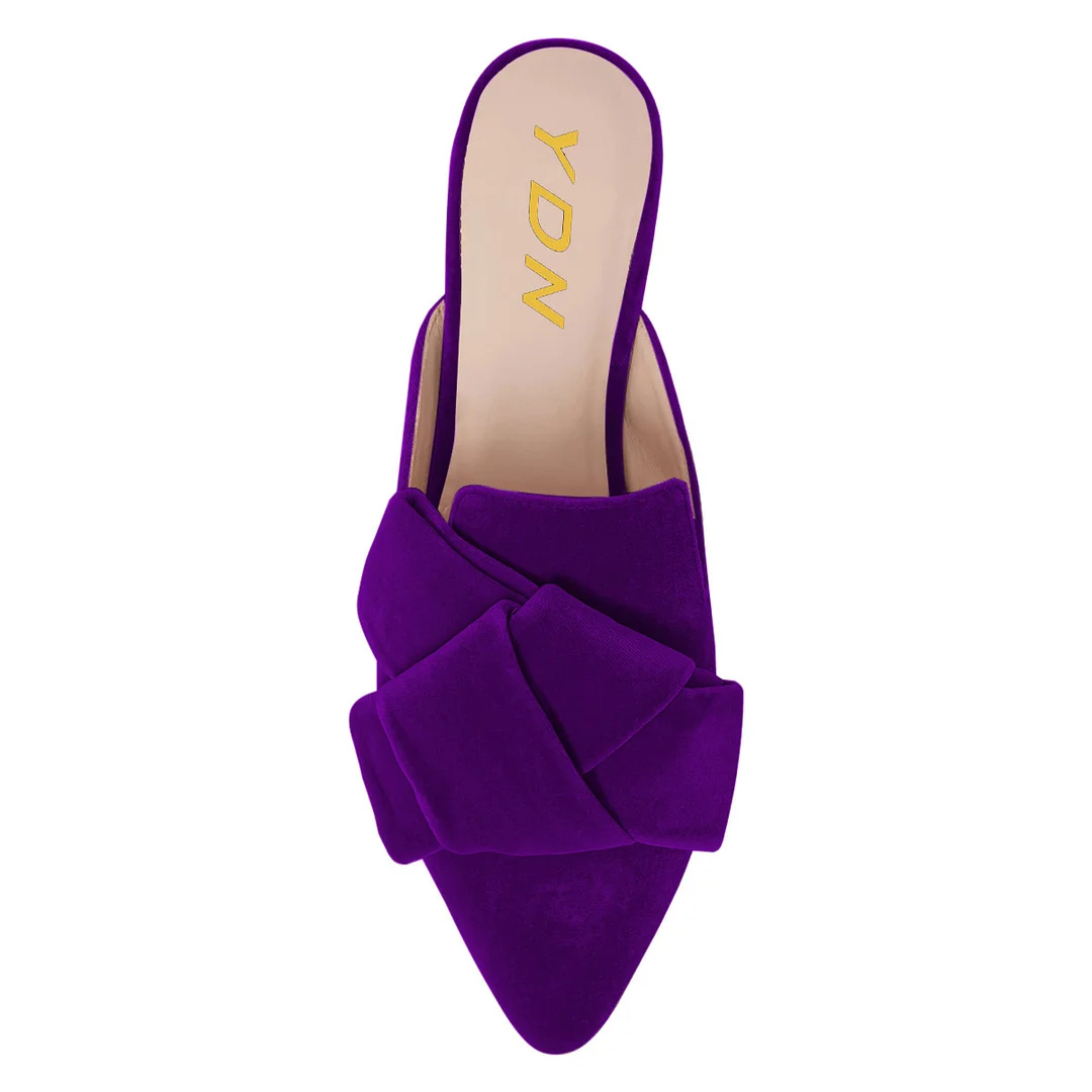Purple Velvet Flat Pointed Toe Slip-On Knot Mule Shoes for Women
