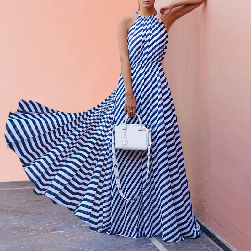 Sexy Sling Striped Print Maxi Dress