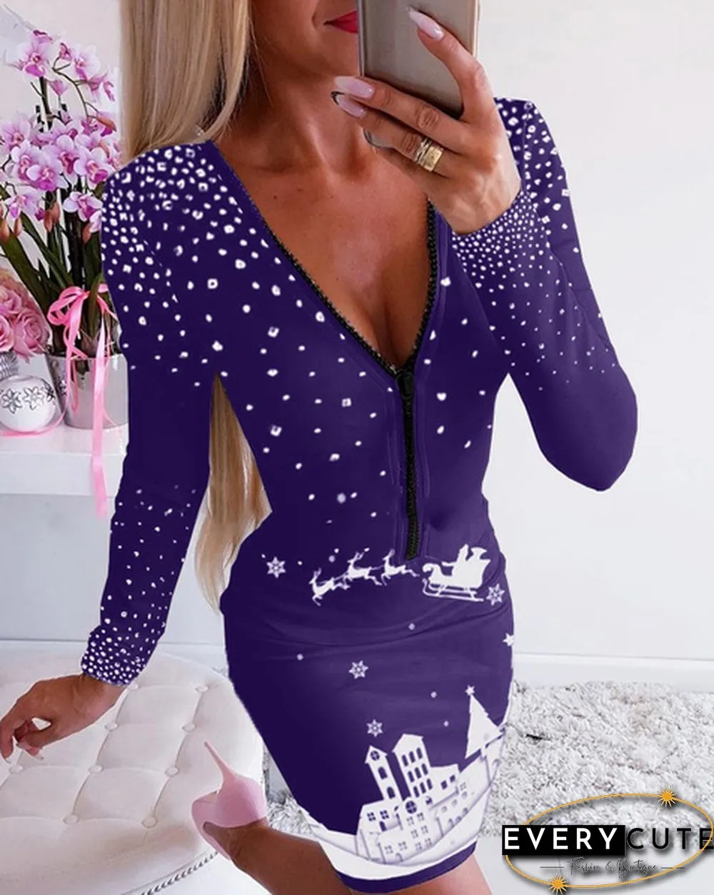 New Fashion Women V Neck Christmas Print Bodycon Dress Plus Size Slim Fit Sexy Long Sleeve Dress