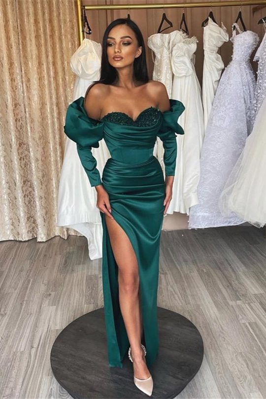 Stylish Dark Green Long Sleeves Sweetheart Split Mermaid Prom Dress Off The Shoulder With Sequins | Ballbellas Ballbellas