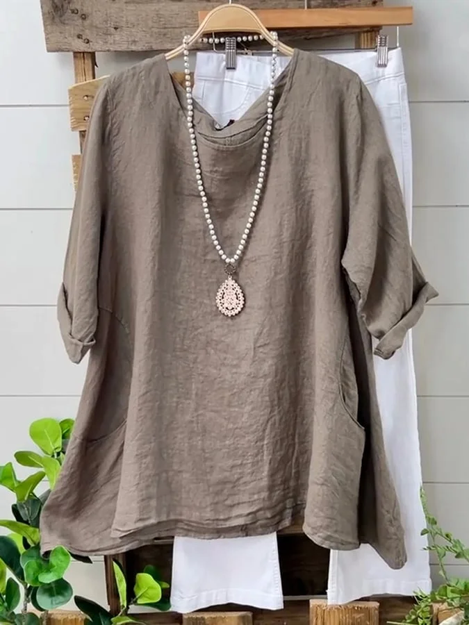 Women's Linen Boat Neck Pocket 3/4 Sleeve Top
