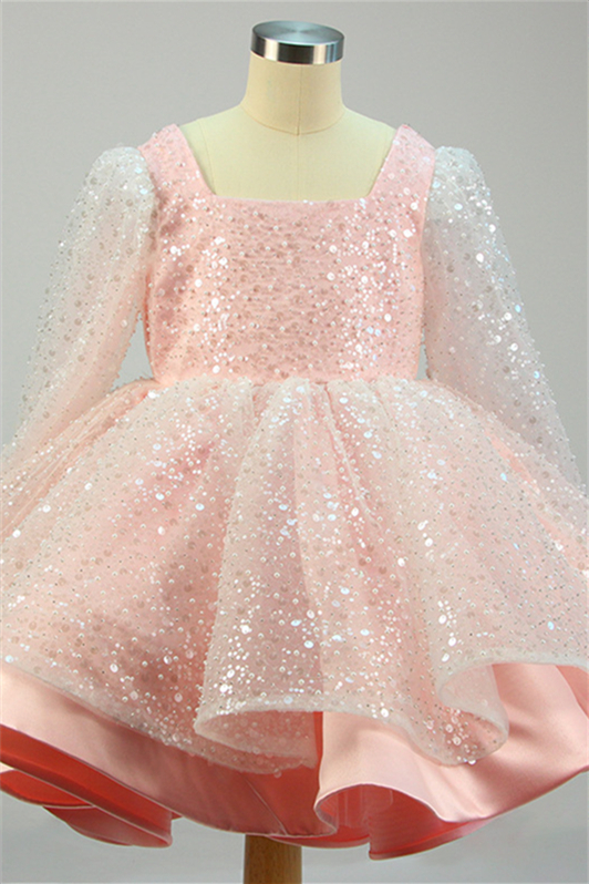 Lovely Square Sequins Flower Girl Dress Long Sleeves With Bowknot - lulusllly