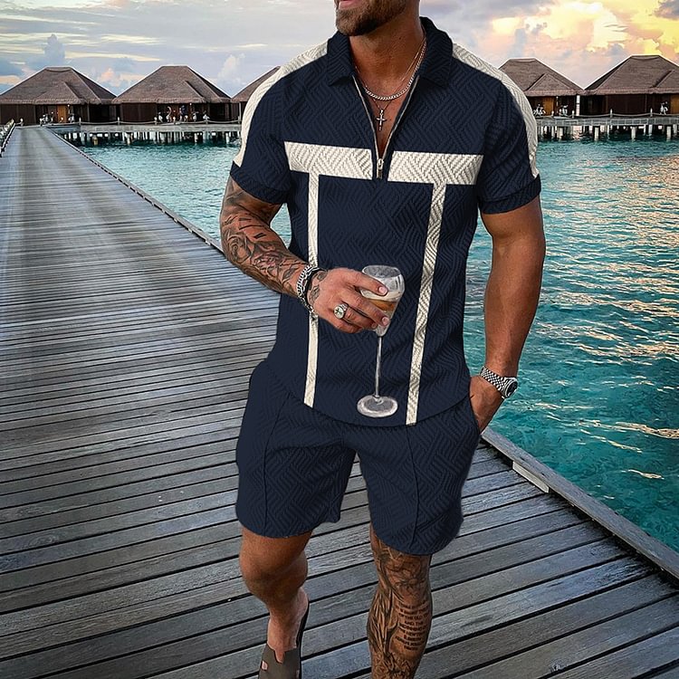 BrosWear Navy Blue Polo Shirt And Shorts Two-Piece Set