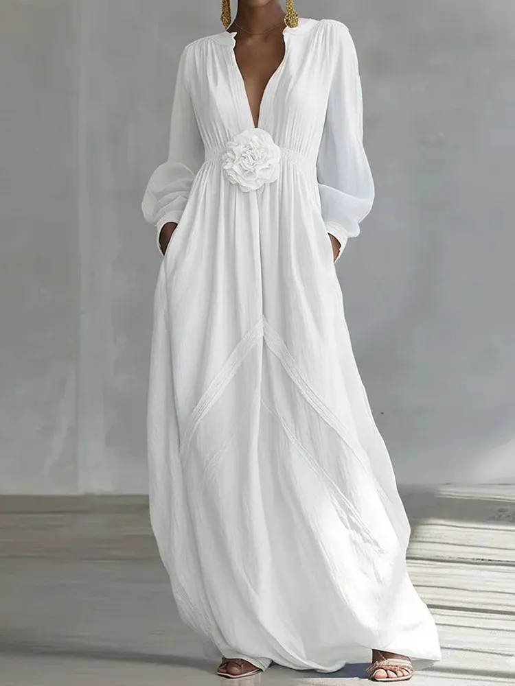 Women's Elegant 3D Floral Cotton-Linen Dress