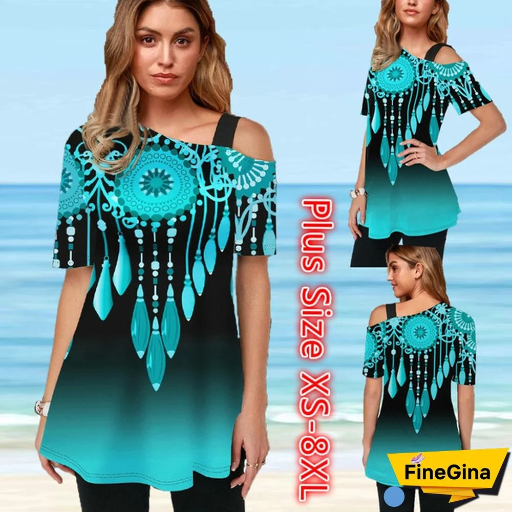 Womens Tops Femme Blouse Tribal Print Short Sleeve Gradient T Shirt Plus Size XS-8XL