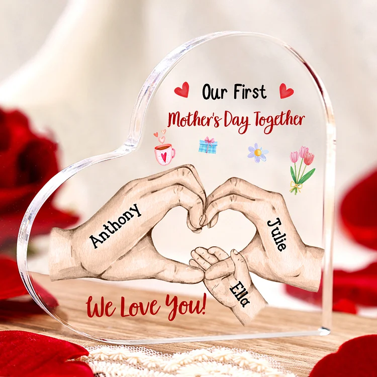 Our First Mother's Day Together - Personalized Text Acrylic Heart Keepsake Family Hands Custom 3 Names Ornaments