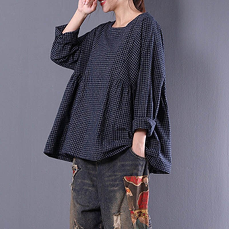 Top Blusas 2022 Women  Crew Neck Long Sleeve Plaid Check Autumn Cotton Linen Casual Party Pleated Flounce Blouse Shirt