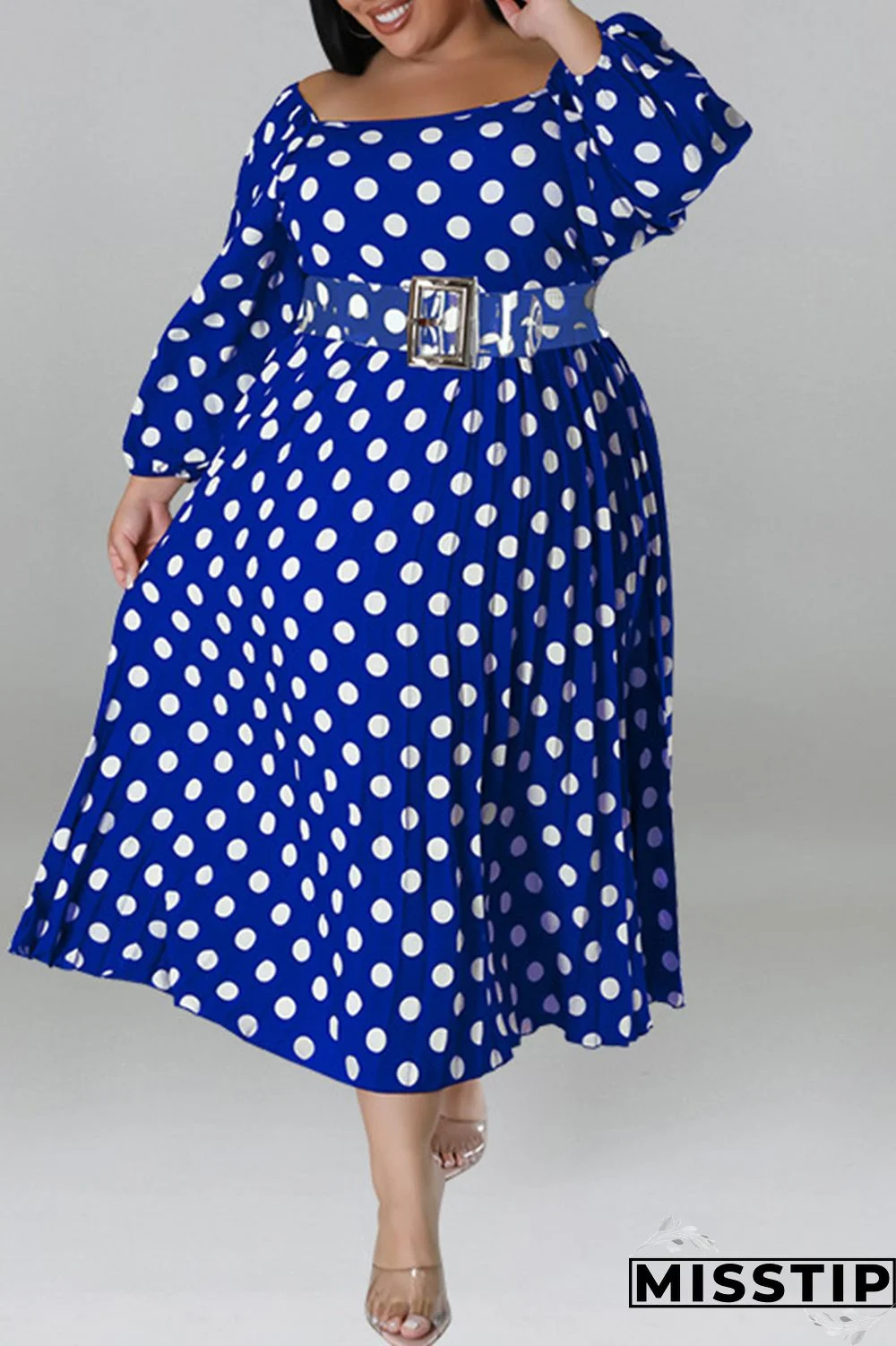 Black Casual Dot Print Patchwork Backless O Neck Long Sleeve Plus Size Dresses (Without Belt)