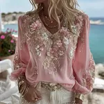 Women's Pink Floral Embroidered Art V-neck Long Sleeve Blouse - Image 2