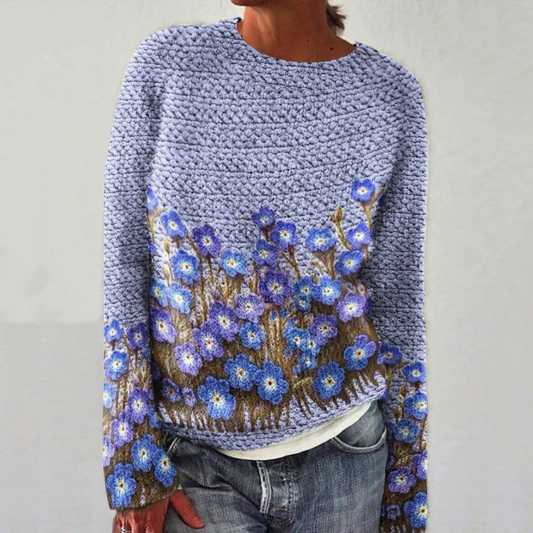 Floral Painting Art Print Knitted Crew Neck Pullover Cozy Sweater