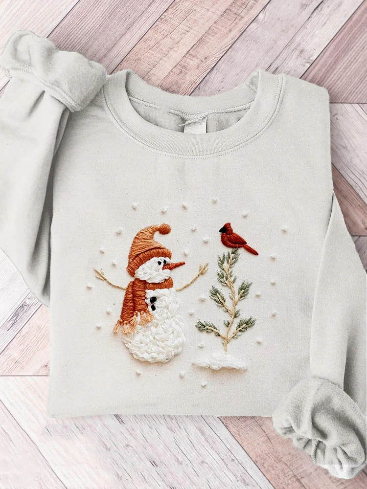 Comstylish Winter Snowman & Cardinal Friend Embroidery Art Comfy Sweatshirt