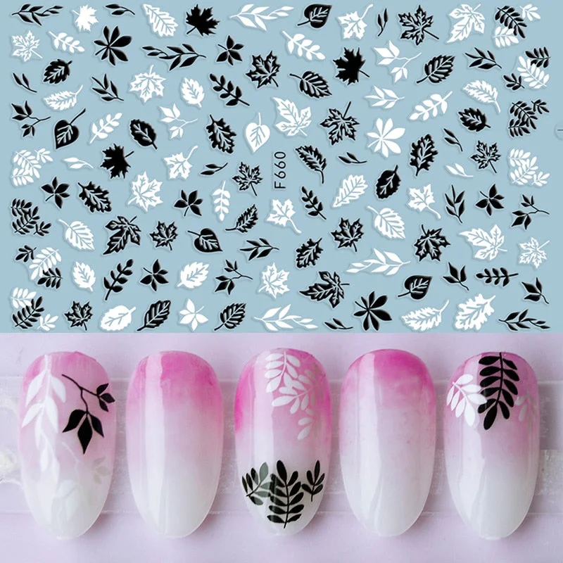 1pcs Black Gold Sping Leaves 3D Nail Sticker Coconut Tree Leaf Pattern Adhesive Transfer Decals Shiny DIY Nail Decoration