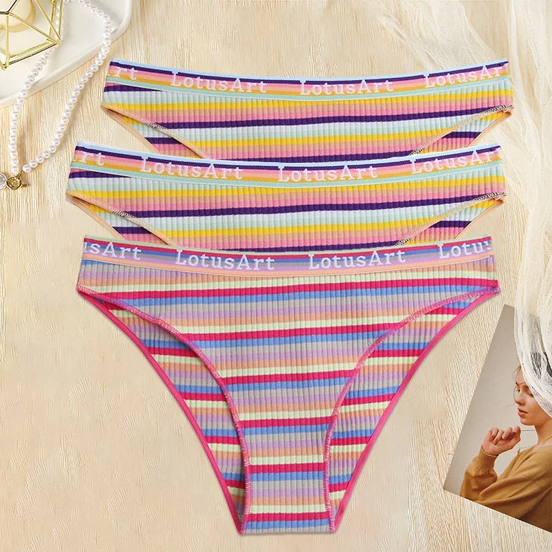 FINETOO 3PCS/Set Women Cotton Seamless Panties for Female M-XL Underwear Panty Sexy Colorful Striped Lingerie Letter Waist Brief