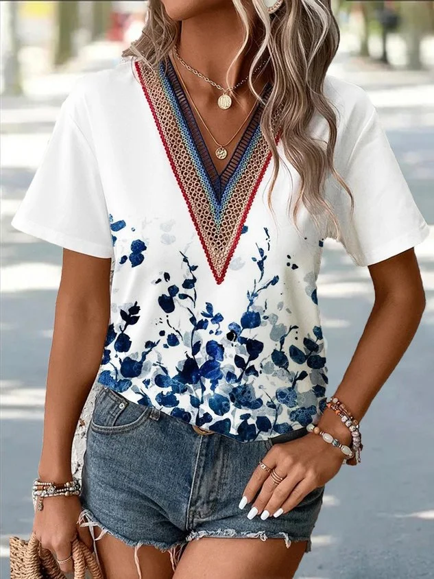 Summer Women Floral Casual Vacation Loose Lace Shirt