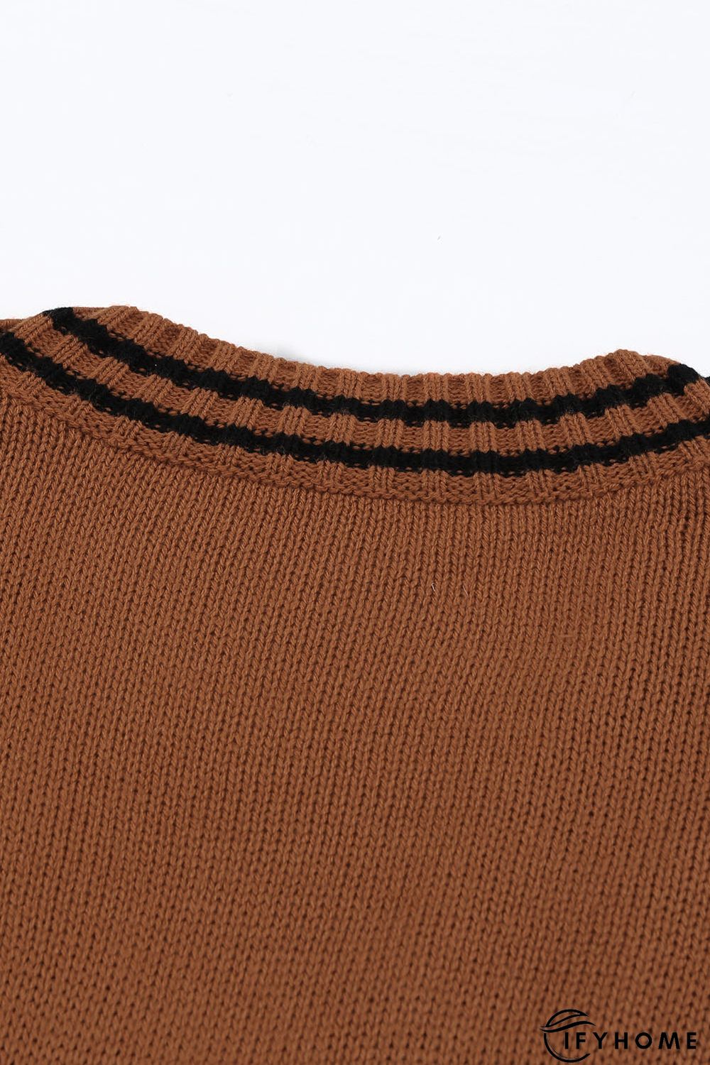 V Neck Contrast Stripes Trims Short Sleeve Sweater | IFYHOME