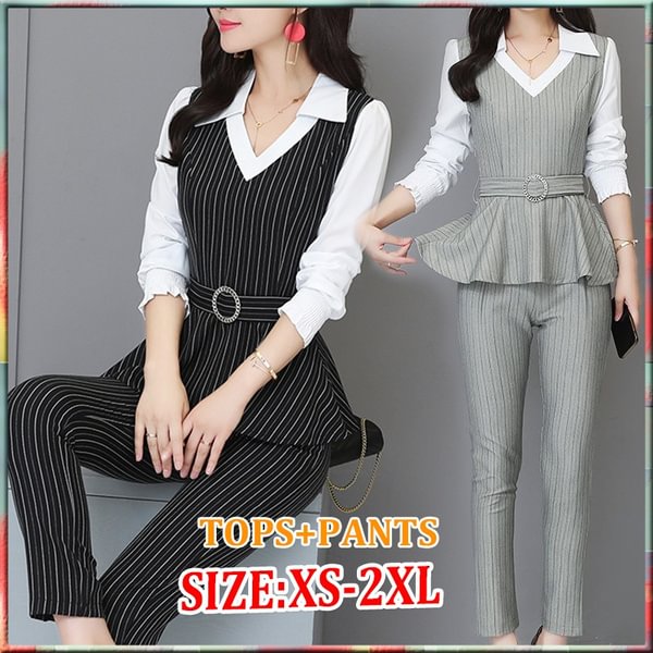 Grey Black Office Striped Two Piece Sets Outfits Women Plus Size Fake Two Pieces Shirts And Pants Suits Elegant Korean Sets - Shop Trendy Women's Fashion | TeeYours