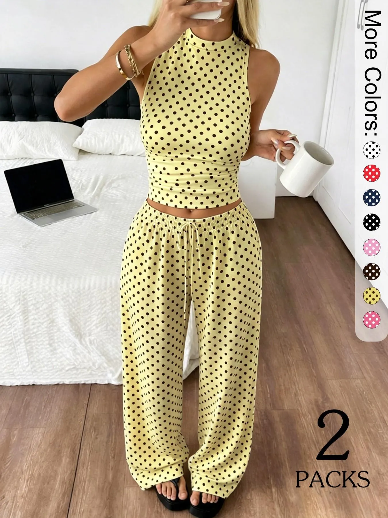 2 Pack Women's Polka Dot Loungewear Set, Sleeveless High Neck Crop Top & Wide Leg Pants, Clean Girl Style Minimalist Summer Outfits with Drop Waist, Slim Fit Lingerie Outfit for Daily Wear & Casual Lounging