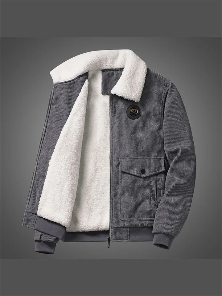 Solid Color Padded Thickened Cotton Jacket Men's Middle-aged Loose Casual Workwear Multi-pocket Corduroy Lapel Jacket Male-Cosfine