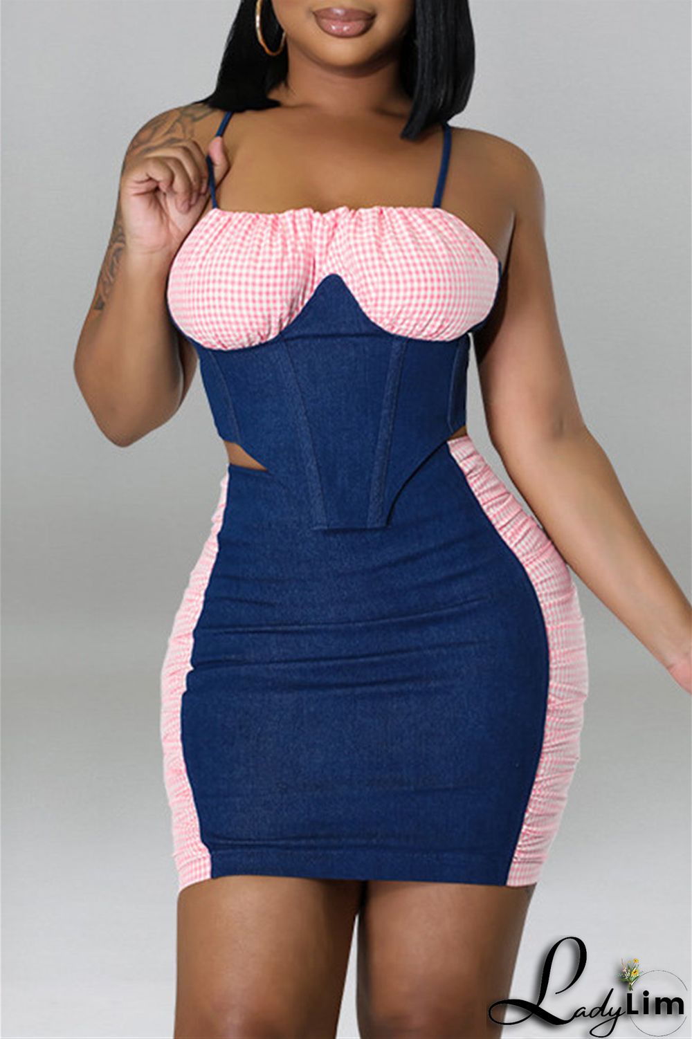 Black Fashion Sexy Plaid Patchwork Backless Asymmetrical Spaghetti Strap Sleeveless Two Pieces