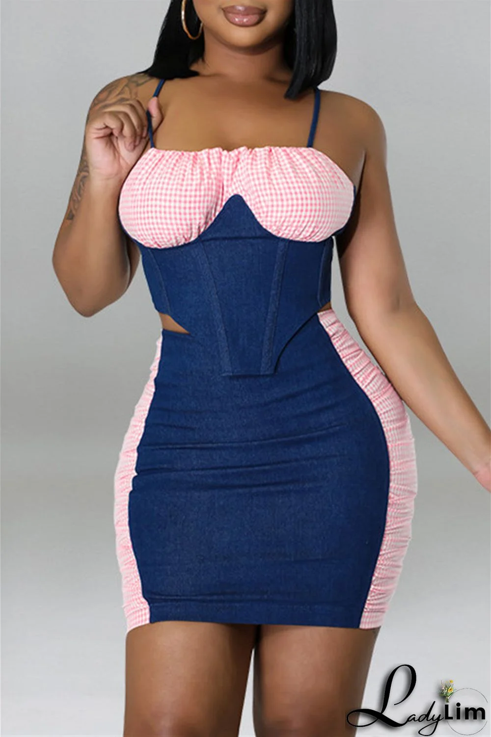 Black Fashion Sexy Plaid Patchwork Backless Asymmetrical Spaghetti Strap Sleeveless Two Pieces