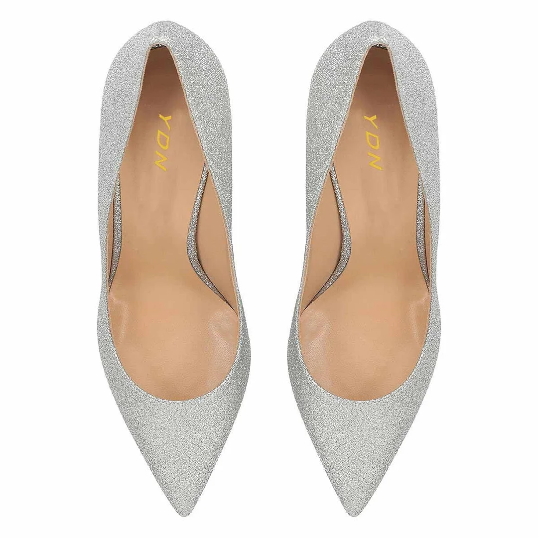 Shiny Silver Pointed Toe Slip-On Spiral Heel Glitter Pumps Shoes