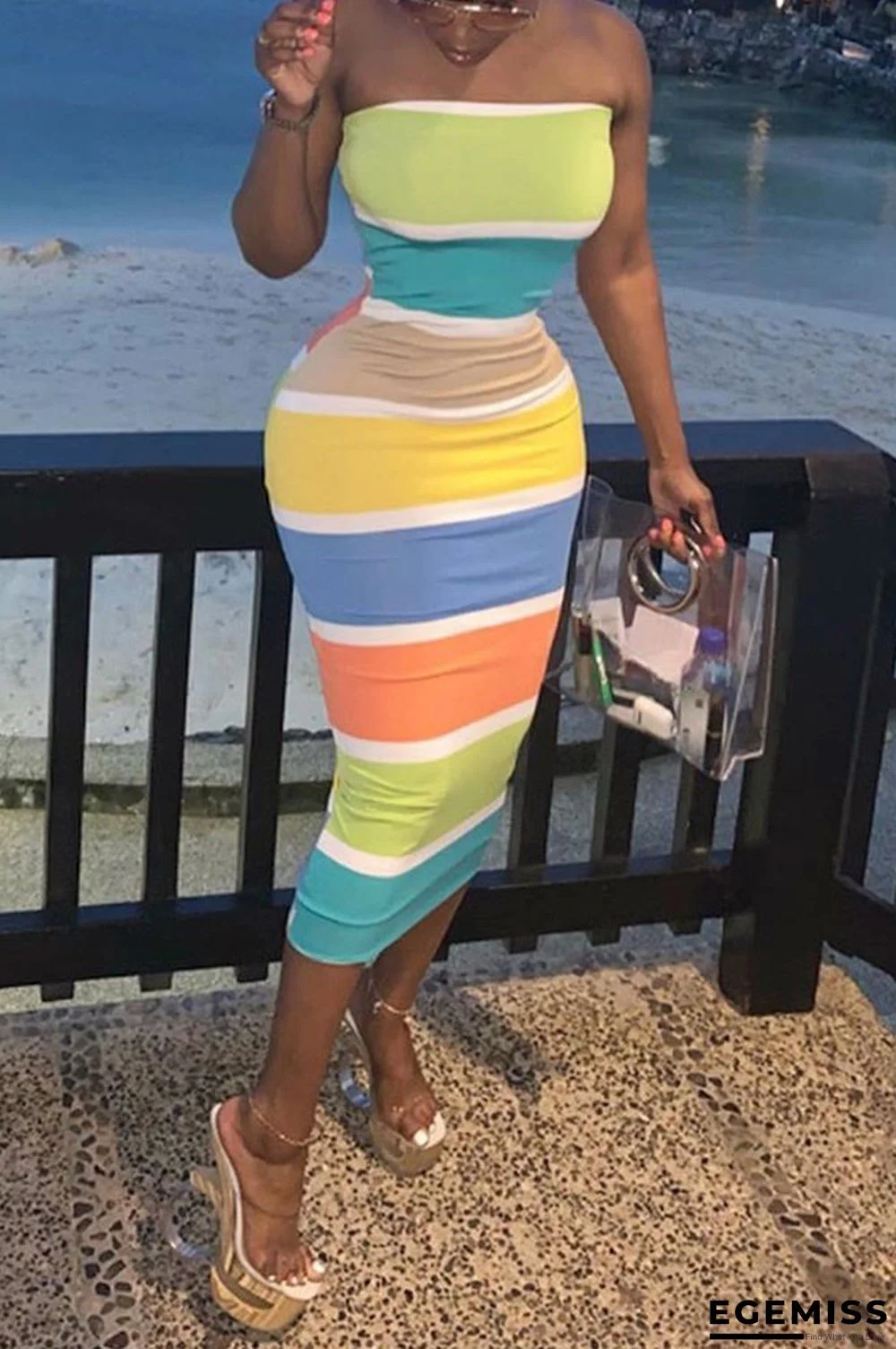 Multi-color Casual Fashion Off The Shoulder Sleeveless Wrapped chest Hip skirt Ankle-Length Striped as | EGEMISS