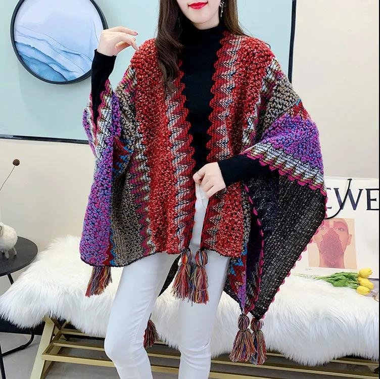 Ethnic Style Tassels Decor Knitting Women’s Shawl Cape