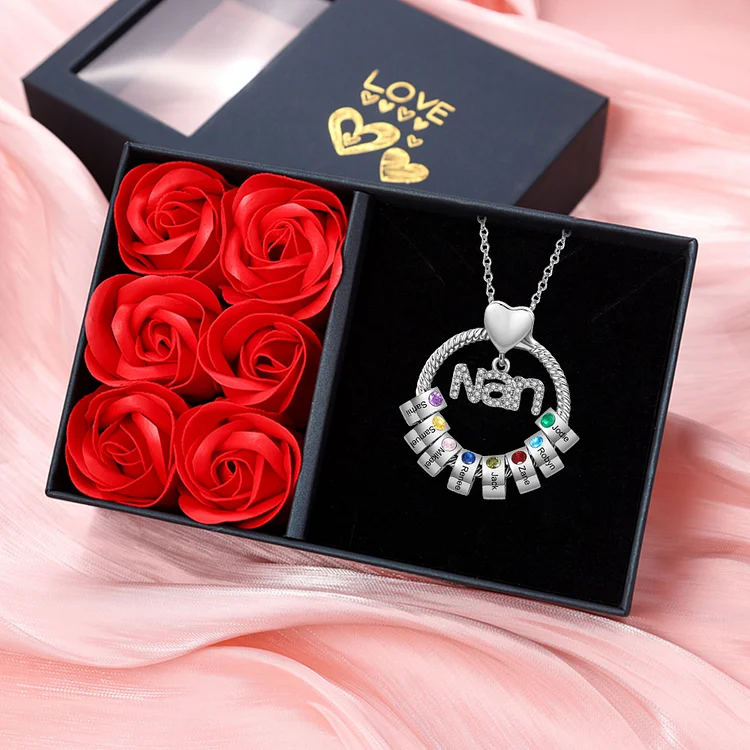 8 Names-Personalized Nan Circle Necklace Set With Rose Flower Gift Box-Custom Woman Necklace With 8 Birthstones Engraved Names Gift For Nan/Nana/Nanny/Granny