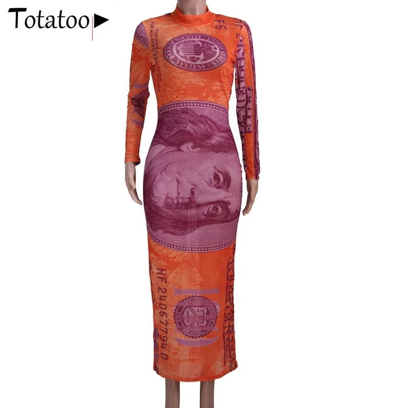 Totatoop Vintage Money Print Long Sleeve Party Long Dress Women 2021 Spring Fitness Mesh Maxi Dress Club Party Outfit Vestidos