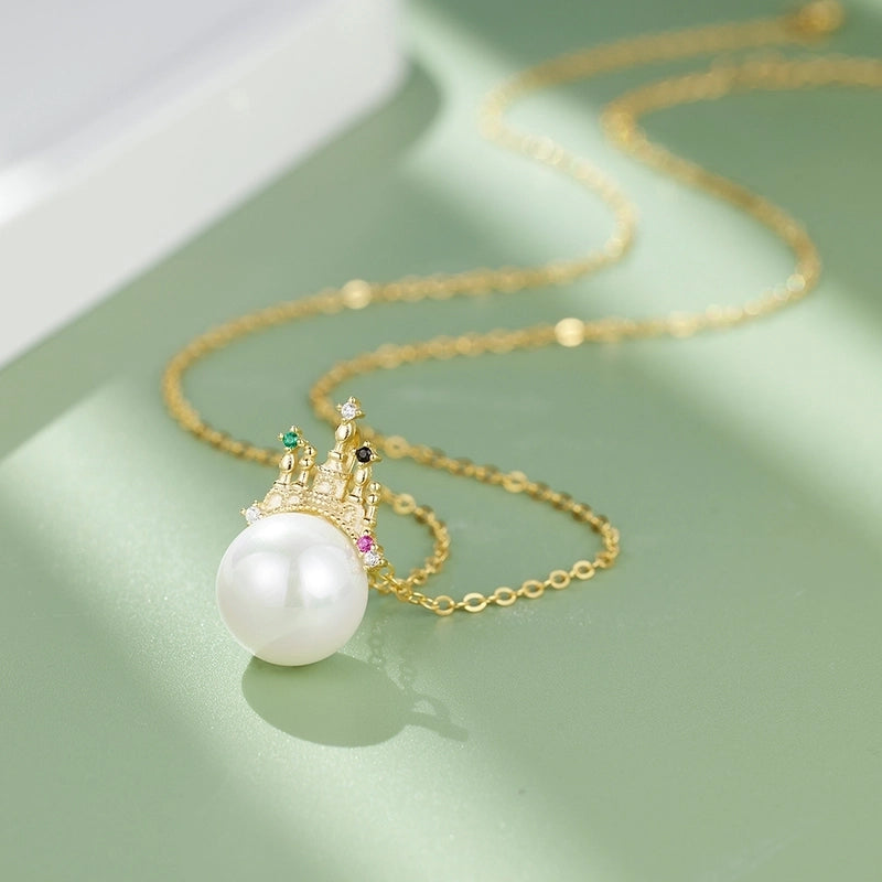 925 Sterling Silver Long-Lasting Plated Shell Pearls Zircon Cable Chain Polishing Plating Inlay Geometric Castle Pendant Necklace