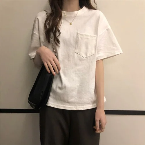UForever21 Short Sleeve T-Shirts Women Summer New Pockets All-Match Loose Korean Style Basic Daily Simple Popular Cozy Young Leisure Chic