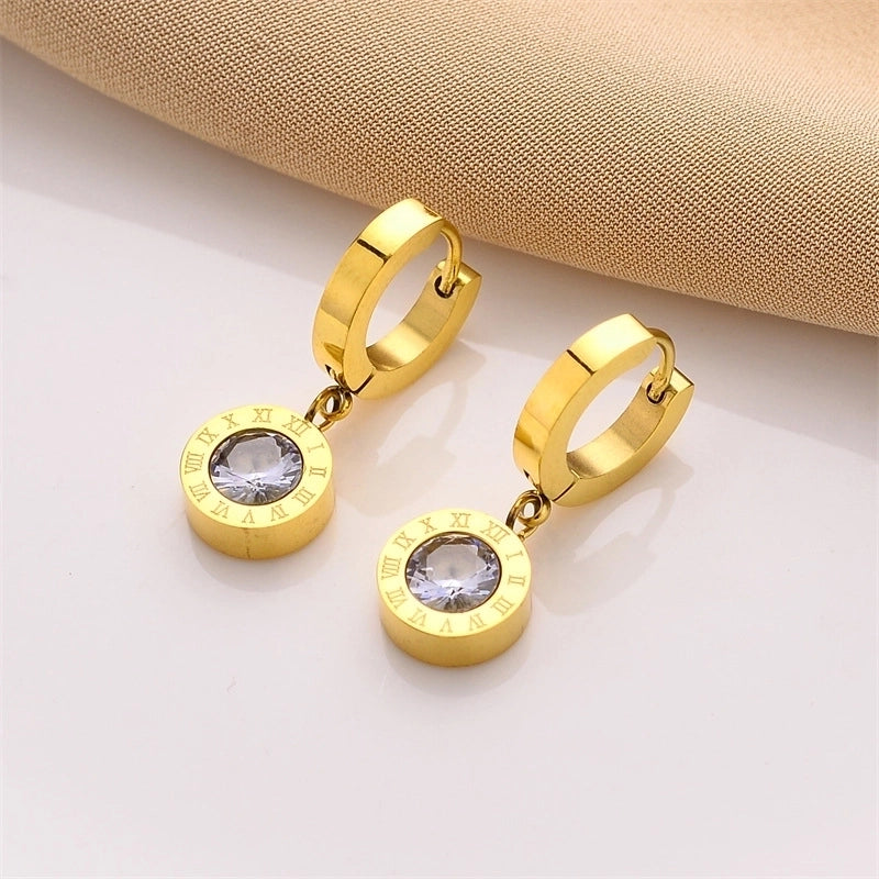 Elegant Classic Style Roman Numeral Titanium Steel Rhinestones 18K Gold Plated Inlay Jewelry Set