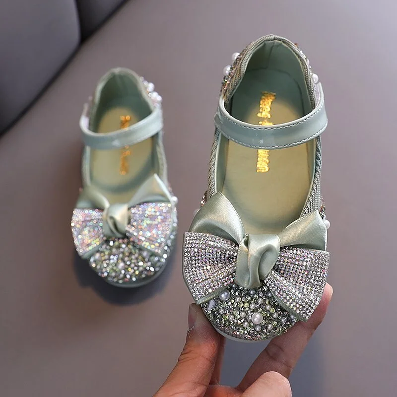 Christmas Gift ULKNN Girls Single Shoes Spring Autumn Child Casual Rhinestone Bow Hook&Loop School Children's Dance Shoes Kis Performance Flats