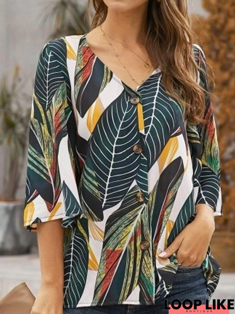 Loose Casual Floral Print V-Neck Three-Quarter Sleeve Shirt