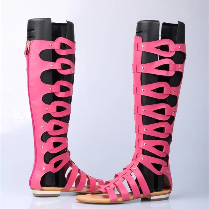 Bottes à talons ouverts en rose et noir avec bride à la cheville Flusfy